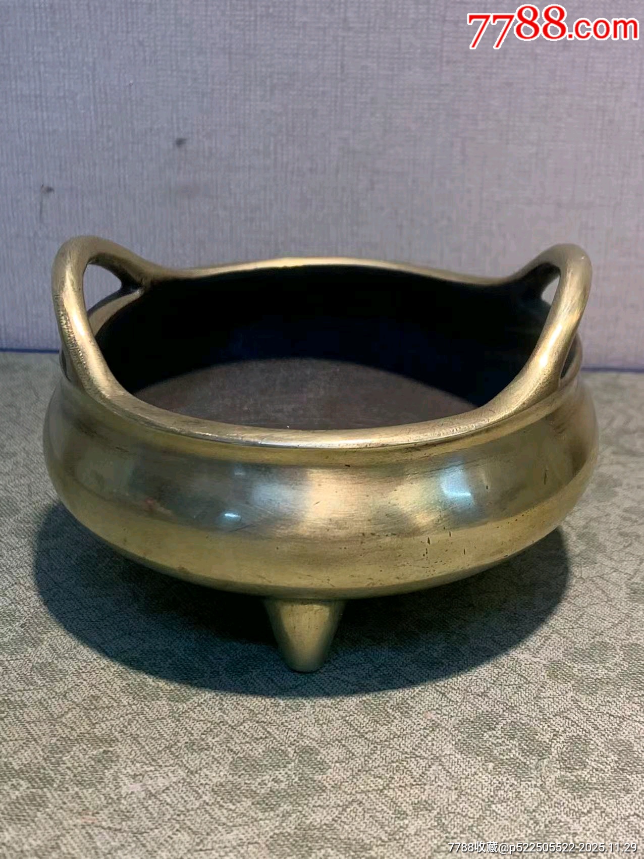 清代精黄铜桥耳铜香炉-铜炉-7788收藏