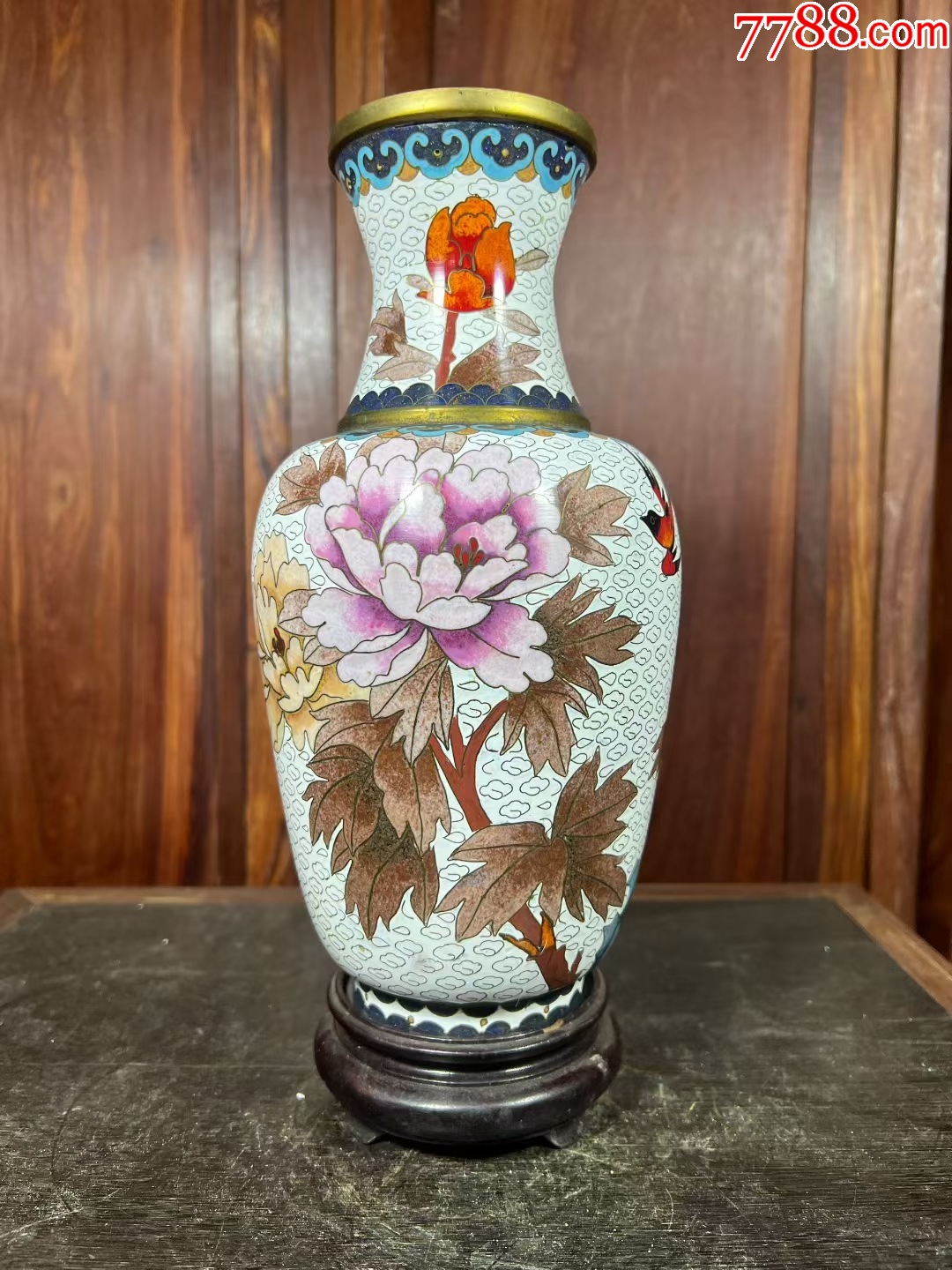 青宝】080505中国七宝花瓶 花草文彫絵 唐木台 景泰藍金工七宝景泰藍