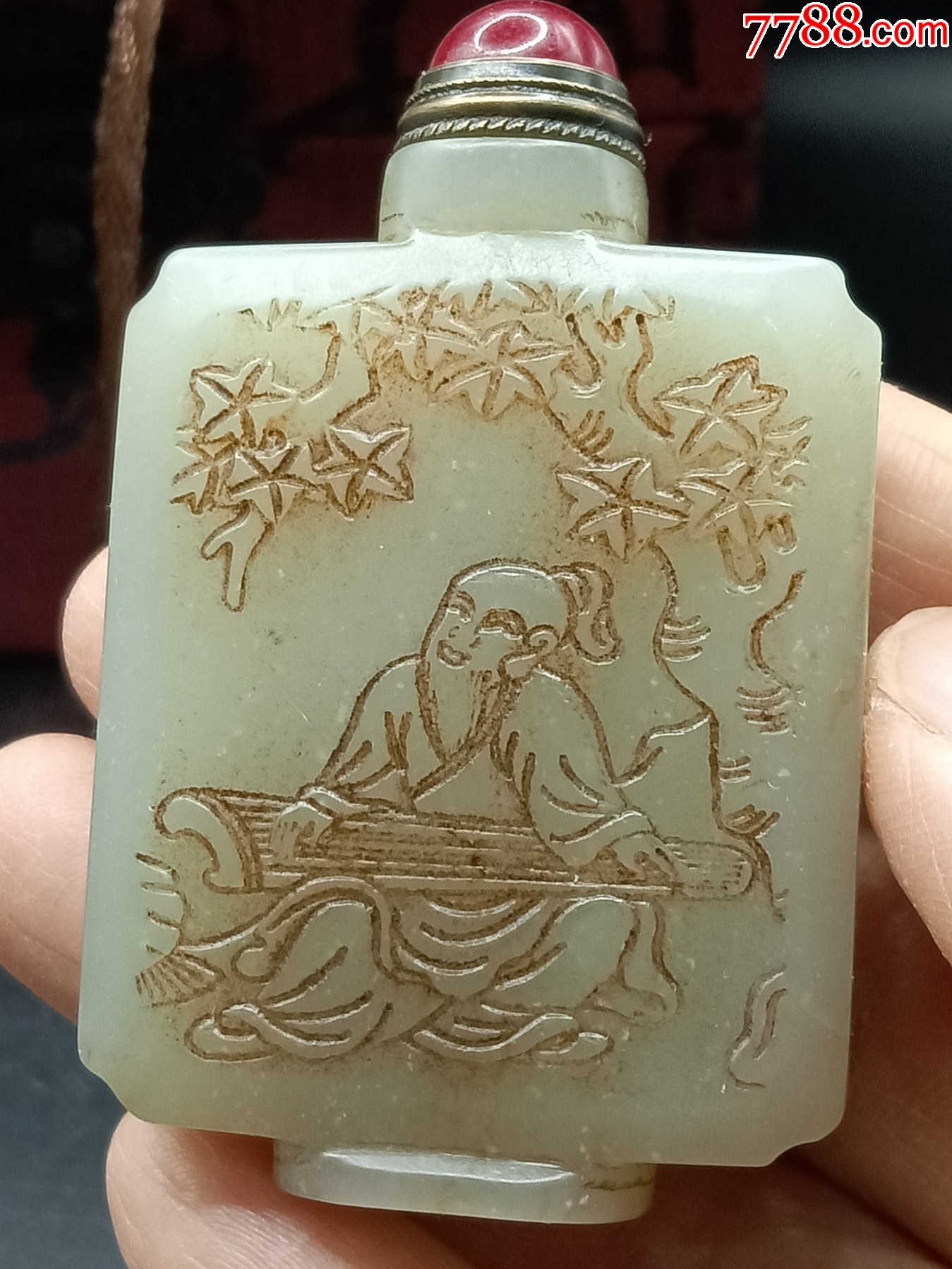 和田玉鼻烟壶听琴图-鼻烟壶-7788菊花石