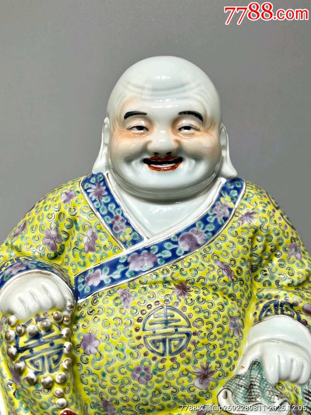 古玩旧藏民国粉彩黄袈裟弥勒佛带底座高约：29cm净高约：24.5cm-雕塑瓷
