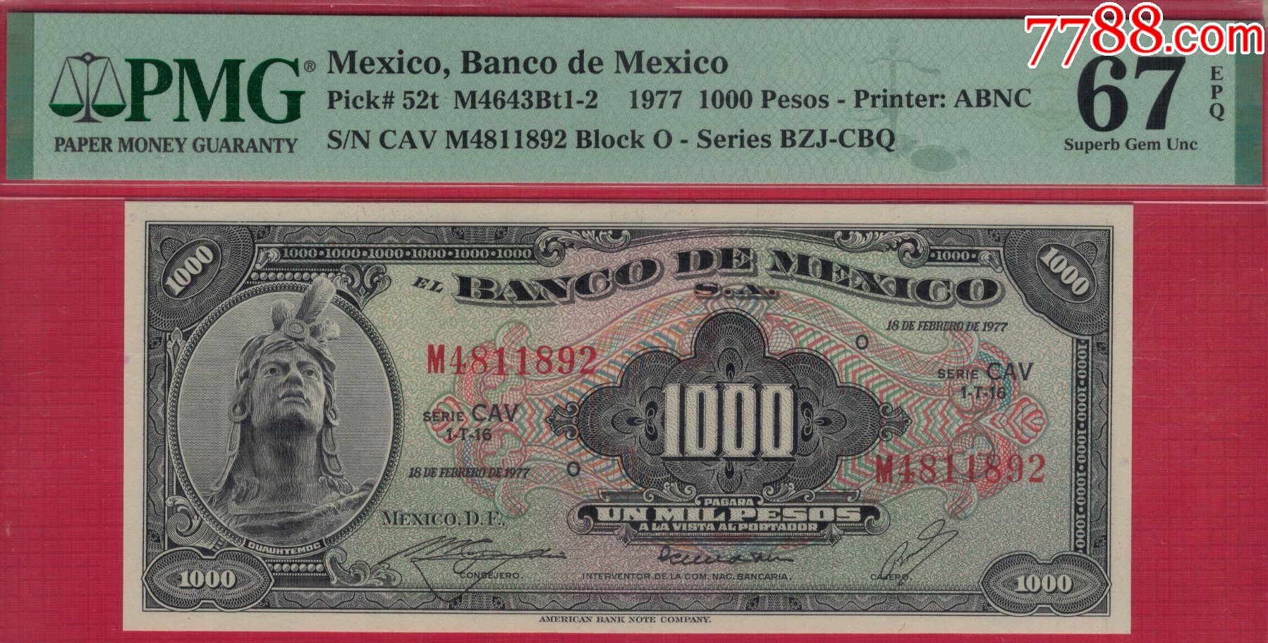 墨西哥1977年1000比索P-52t序列代码CAV冠军分实物图UNC-墨西哥钱币-7788钱币网
