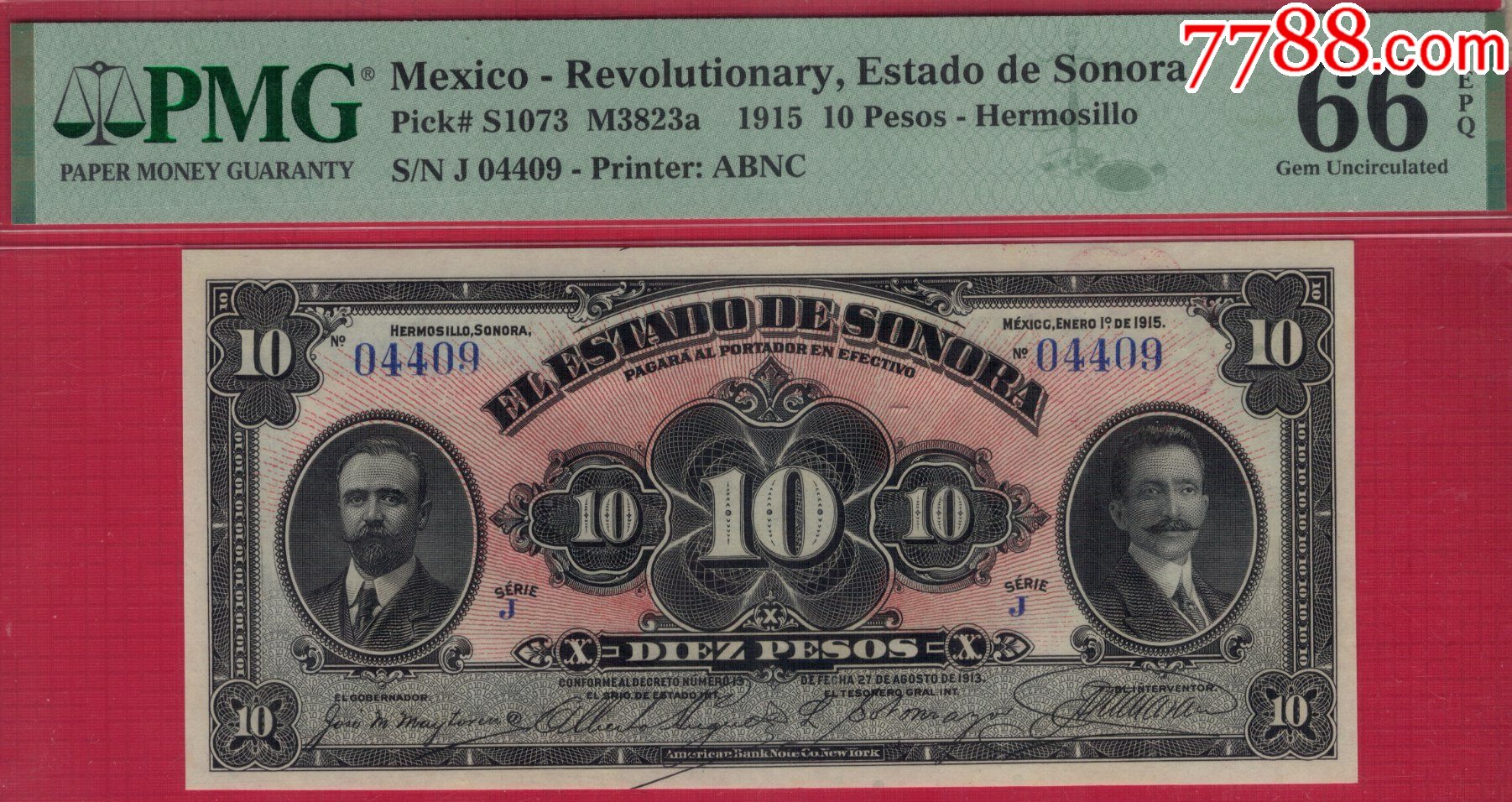 墨西哥革命时期(索诺拉州地方货币)1915年10比索冠军分数三实物图UN