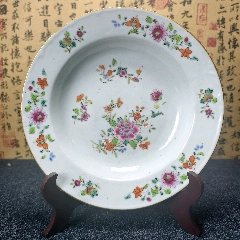 清雍正粉彩礬紅牡丹花卉紋深腹折沿盤