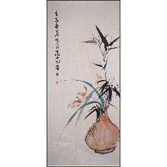 春峰，长寿寓意花鸟画中堂《松鹤图》国画书法古玩字画装饰挂画。绢本绫