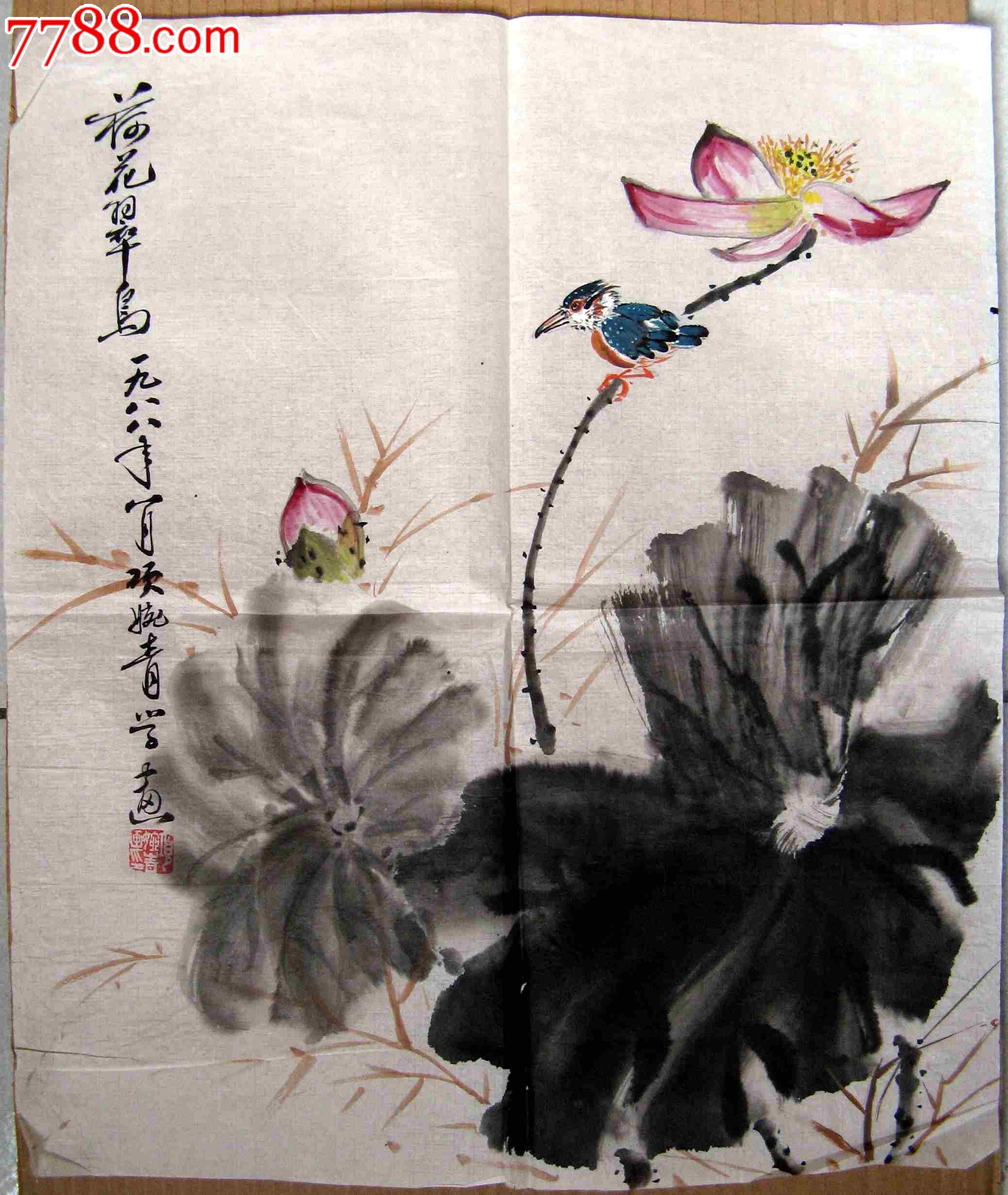 不错的近四尺开三条幅花鸟画《荷花翠鸟-se16683044-花鸟国画原作