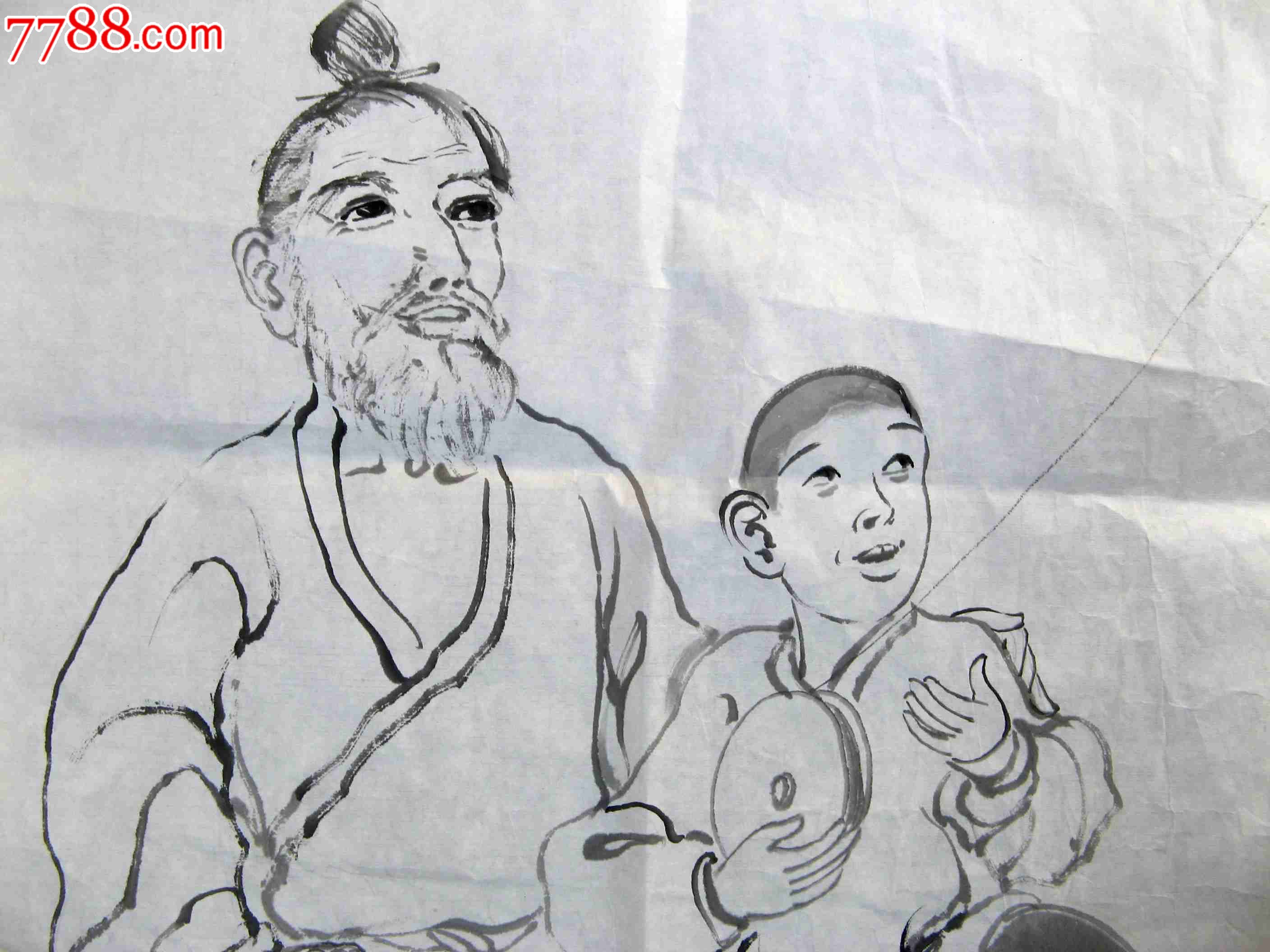 简洁明快的四尺开三条幅无款水墨人物画爷孙乐放风筝