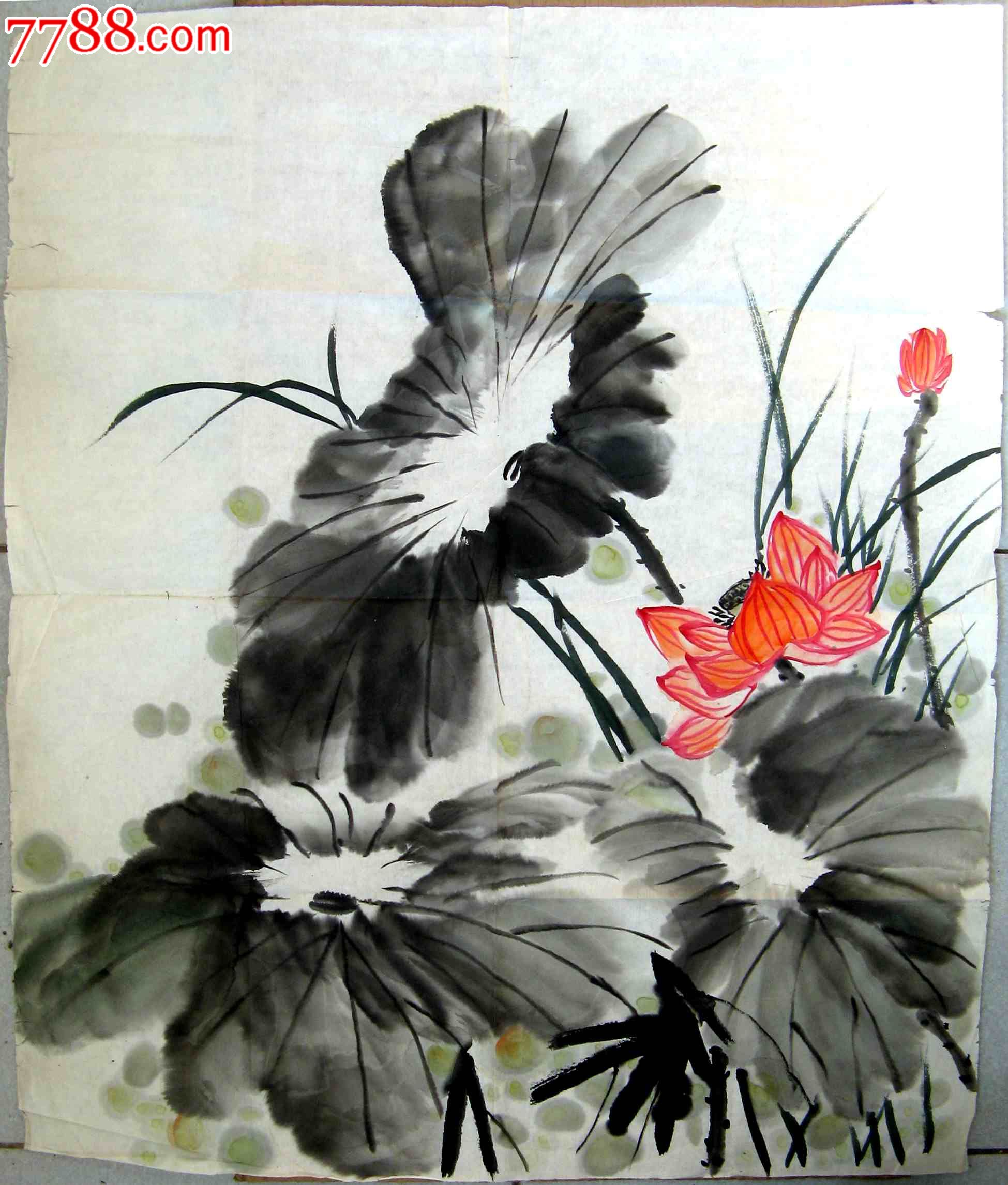 清新明丽的四尺斗方无款花卉画红荷出水