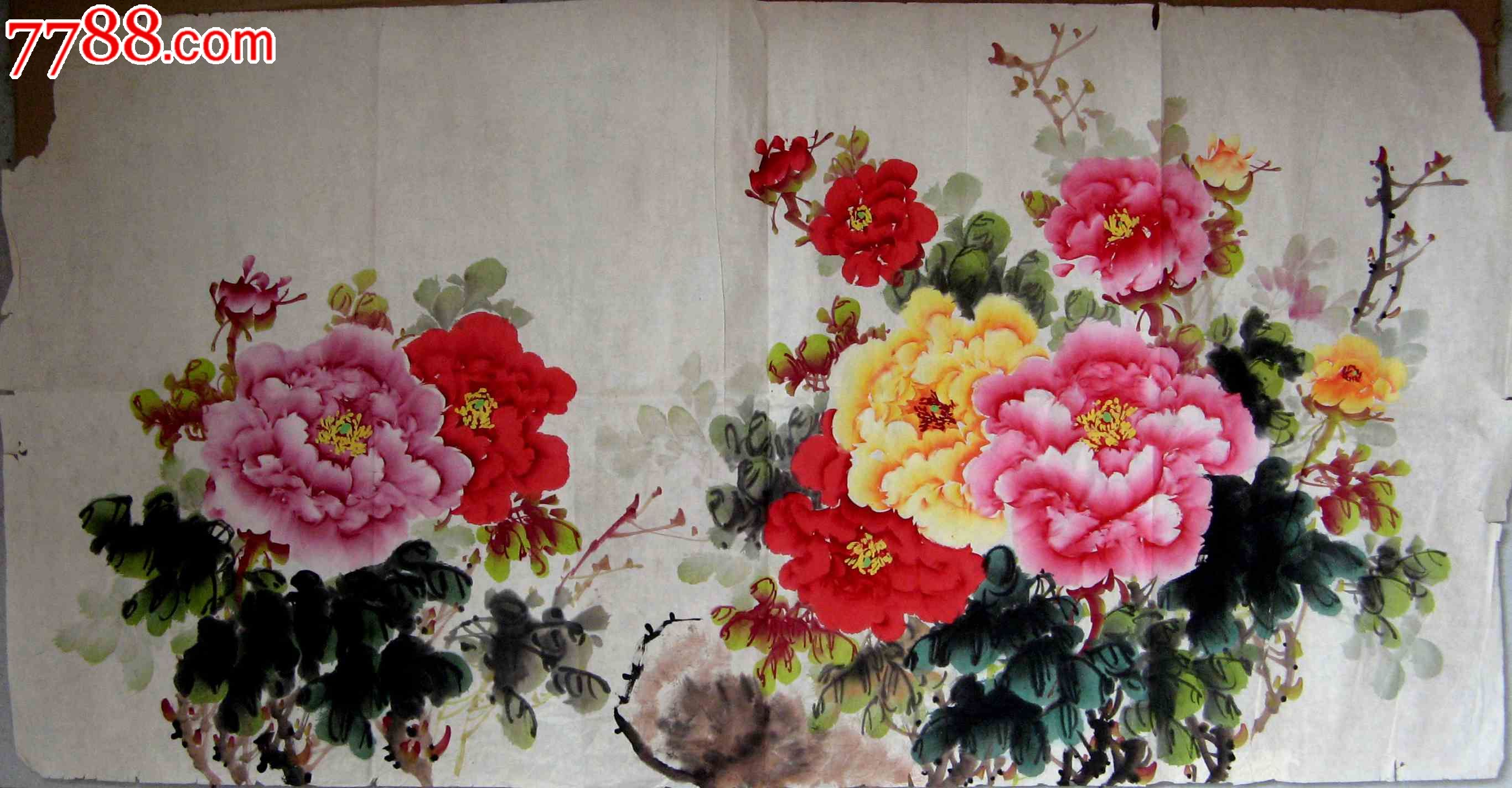 华贵富丽的四尺横幅无款牡丹画迎春斗艳