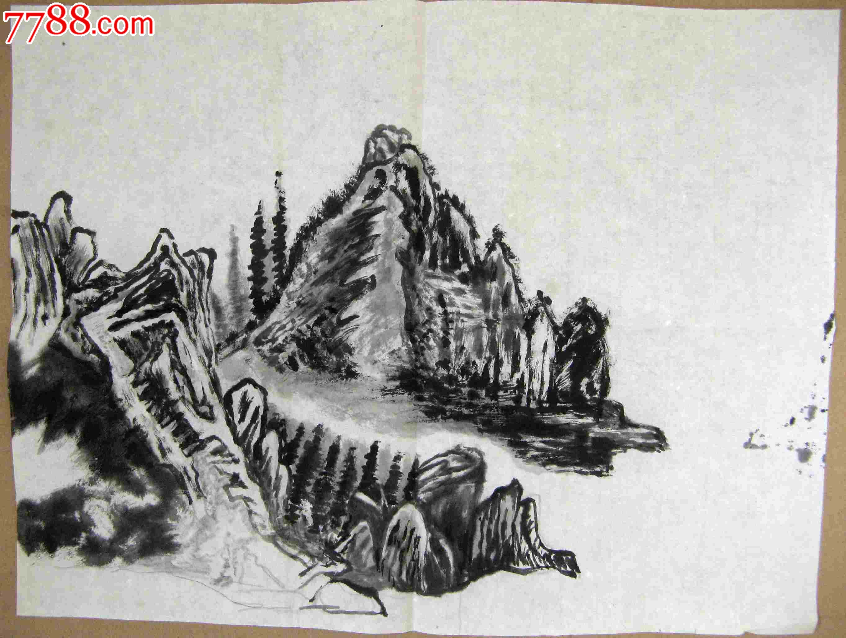 尺半横幅无款水墨山水小画松山图