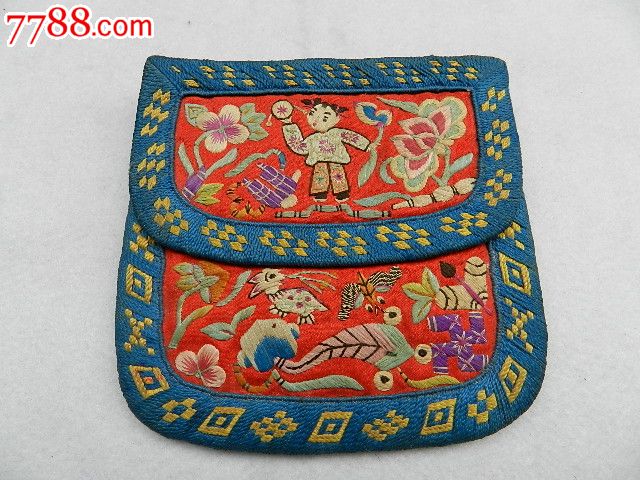 清代双面工刘海戏金蟾人物把莲绣花荷包175山西特色