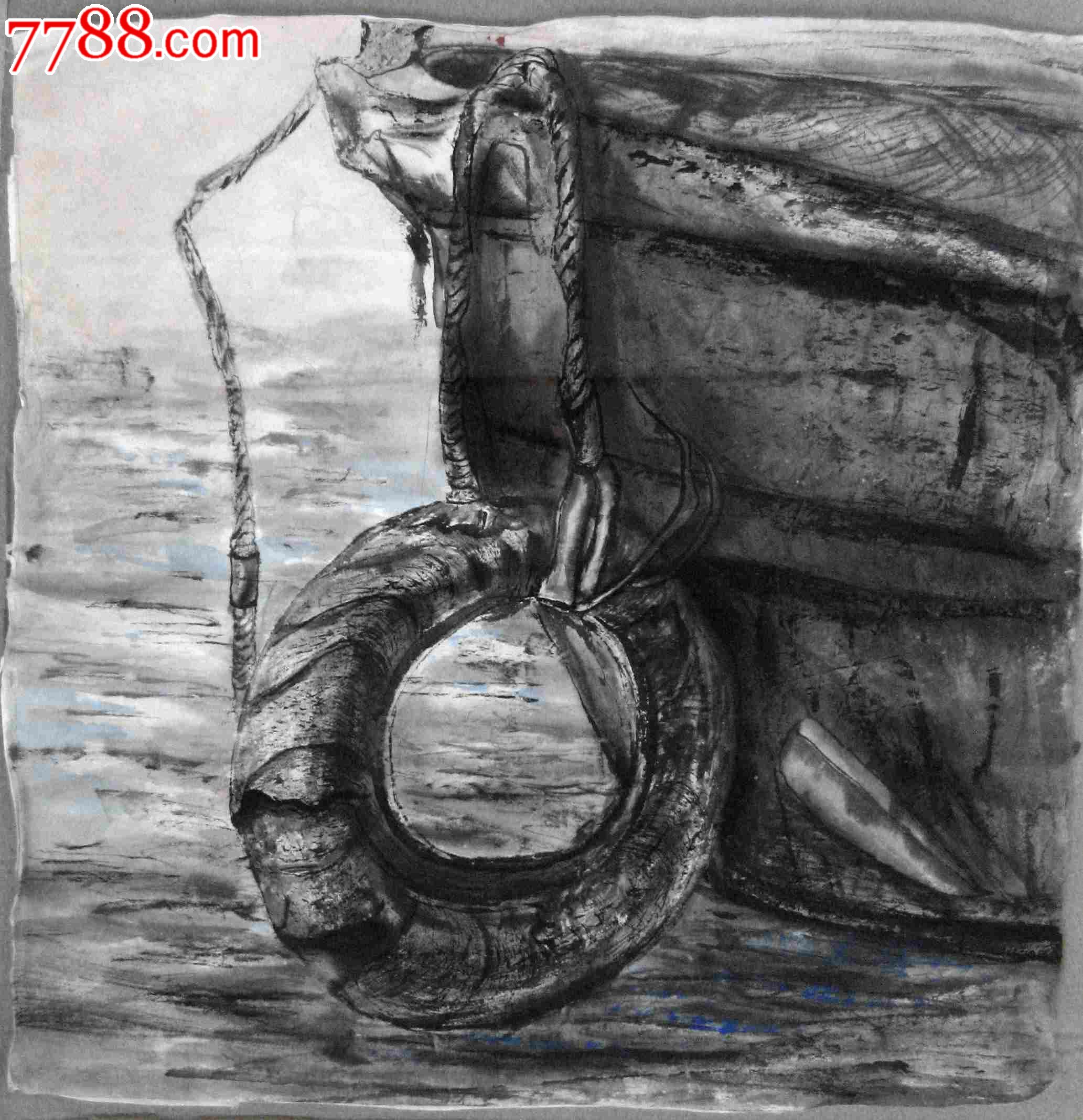 形象生动的尺半斗方无款山水画船边救生圈