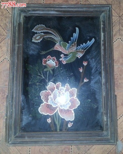 特价民国玻璃画凤凰戏牡丹图挂件包老怀旧收藏
