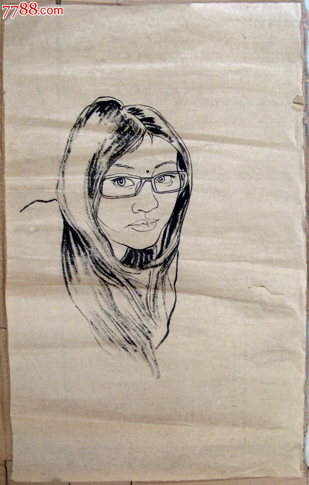 画家未署名四尺开三条幅人物写生画戴眼镜的少女
