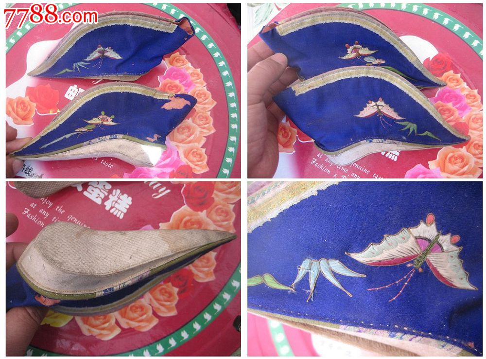 清代三寸金莲绣花鞋尖角鞋文化收藏展览小脚女人妇女小鞋丝绸绣蝴蝶图