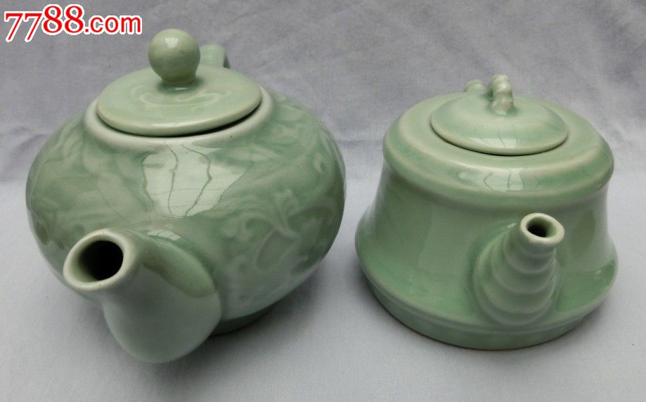 七八十年代国营瓷厂双凤捧寿竹保平安龙泉青瓷茶壶