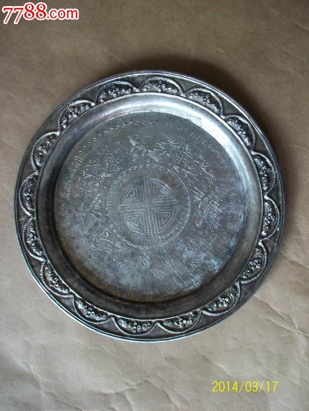 民国刻花老银盘子