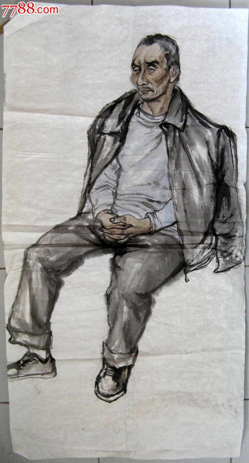 四尺条幅无款写意人物画忧郁的老人