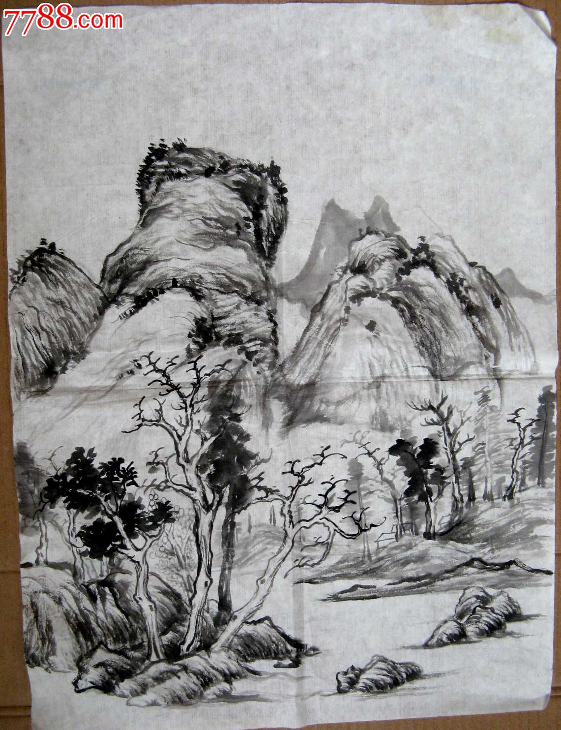 不错的尺半条幅无款水墨山水画枯树秋山