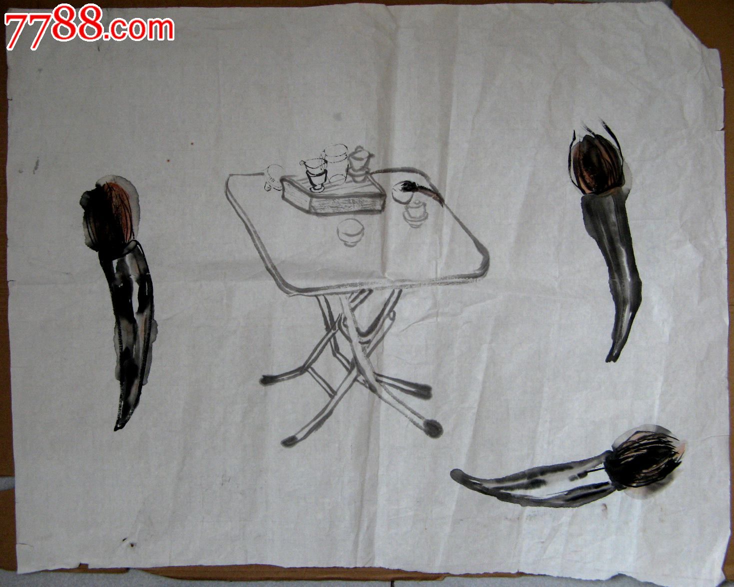 四尺开三无款写意家具画:折叠桌与茶具_花鸟国画原作_第1张_7788字画