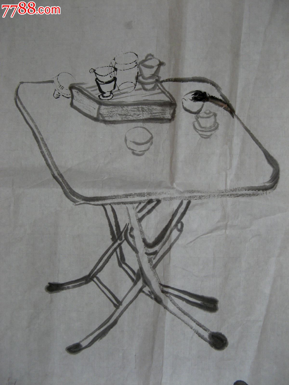四尺开三无款写意家具画:折叠桌与茶具_花鸟国画原作_第2张_7788字画