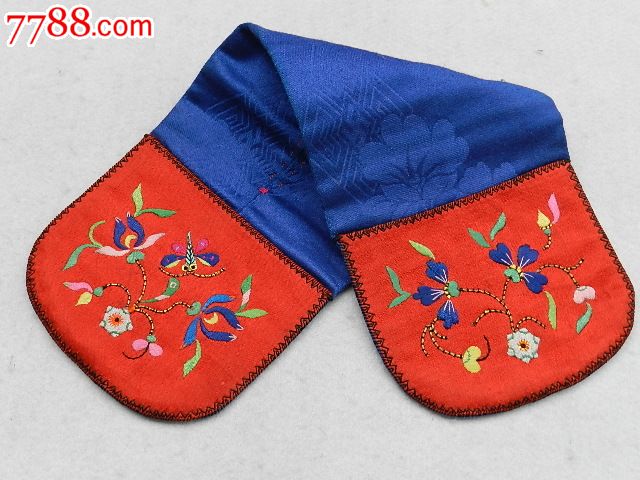 花卉红底绣花钱褡1427】山西晋工古玩杂项老刺绣老绣片