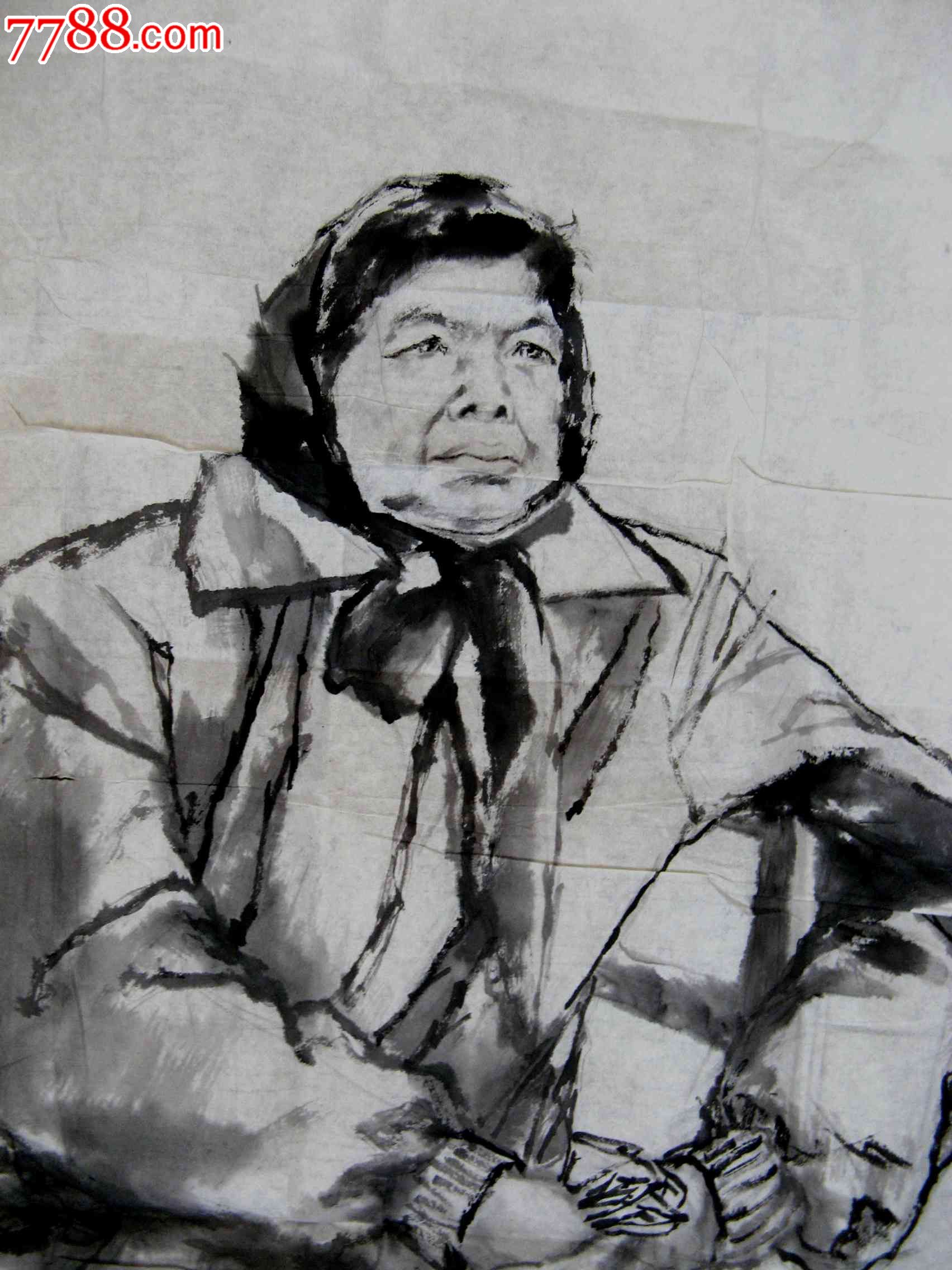 画得细腻生动的小四尺条幅无款水墨写生人物画小憩