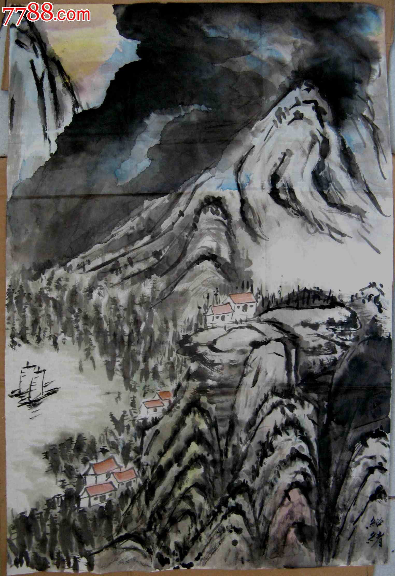 四尺开三条幅无款山水画山村秋景