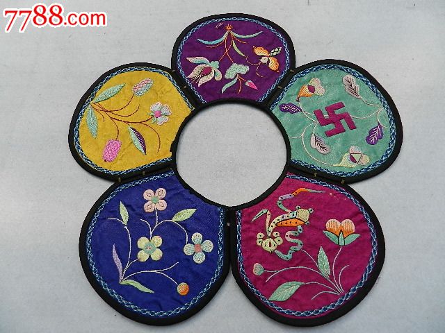 【五色吉祥图案的花瓣绣花围嘴1535】山西晋工老刺绣绣片