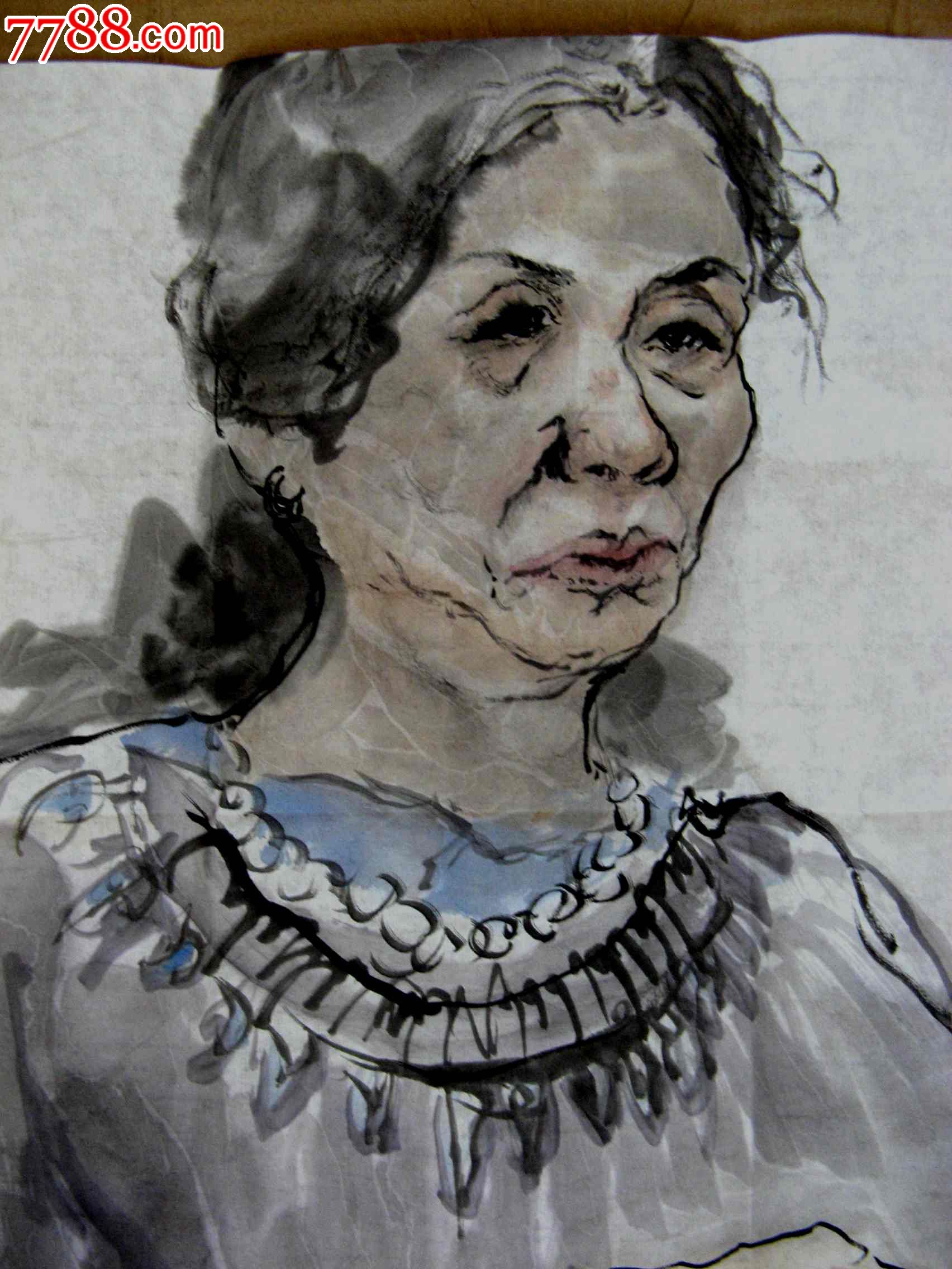 简练形象的四尺开三无款人物画:织毛衣的妇人_人物国画原作_作品欣赏