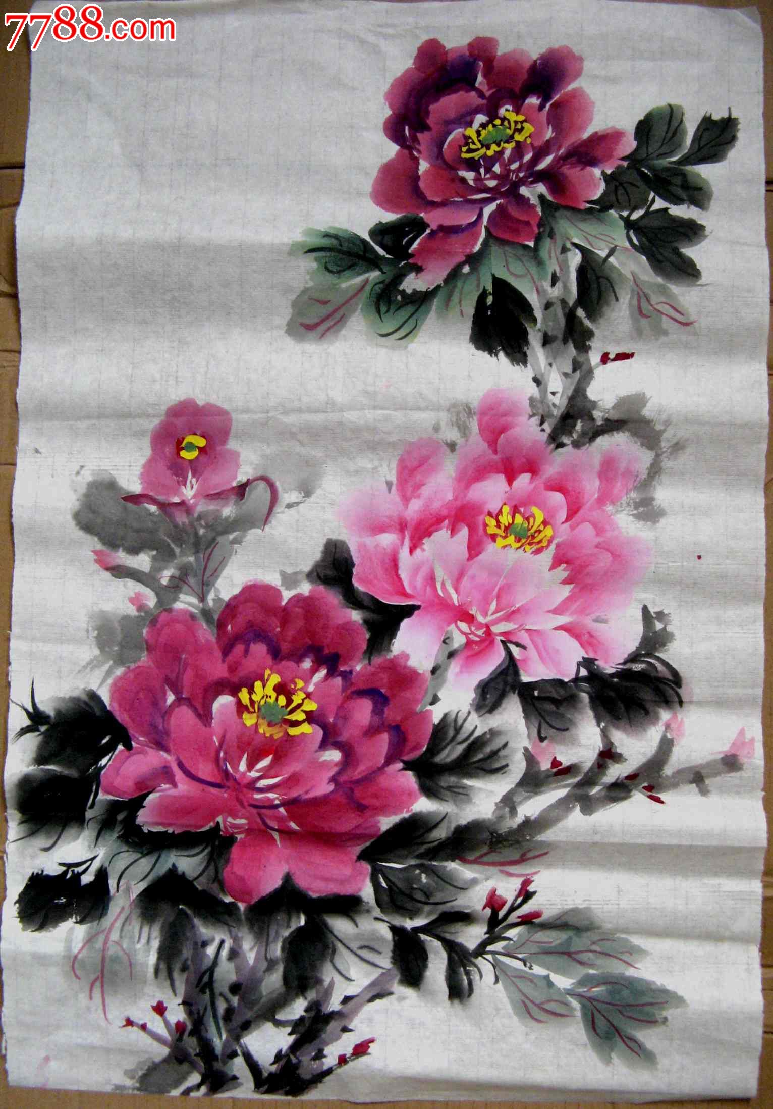 河北老画家明艳秀丽的四尺开三条幅牡丹画总领群芳是牡丹