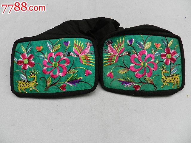 鹿鹤同春绿底绣花枕头1952山西晋工老刺绣老织绣绣花