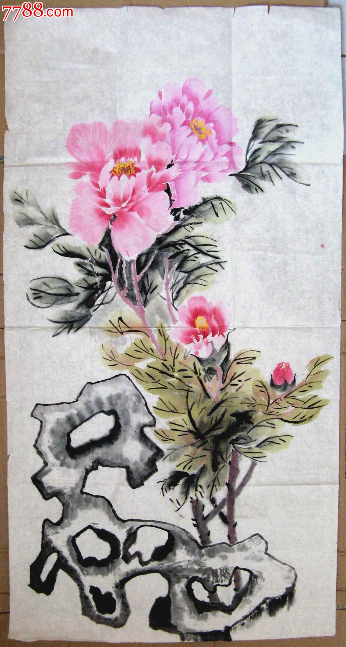 富丽华美的三尺条幅无款牡丹画:花品冠群芳,倚石散幽香