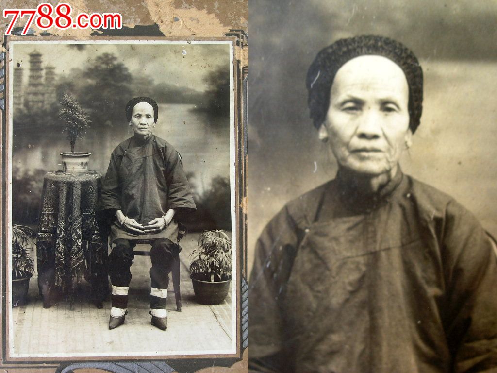 老照片收藏1408a03-民国云南小脚老太带框照-个旧永月轩