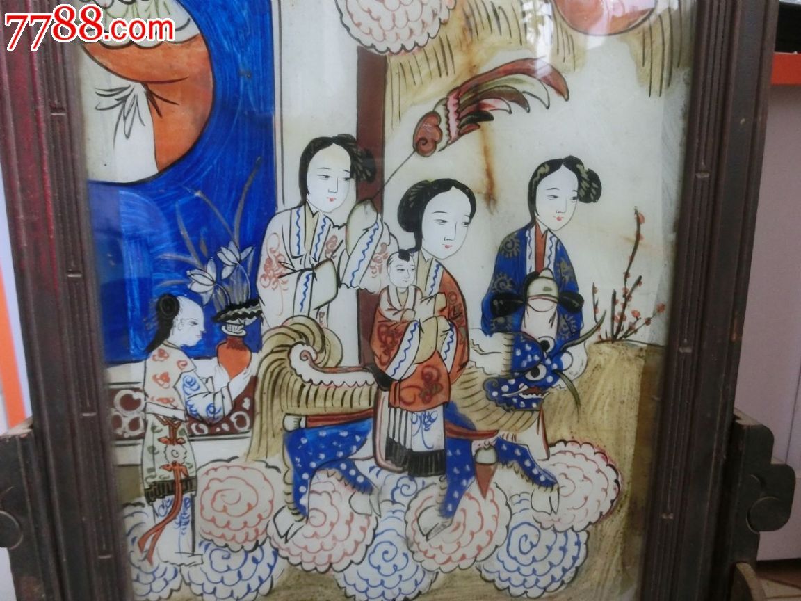 胶东民俗真品民国少女结婚嫁妆桌盘镜子玻璃画麒麟送子少见包老