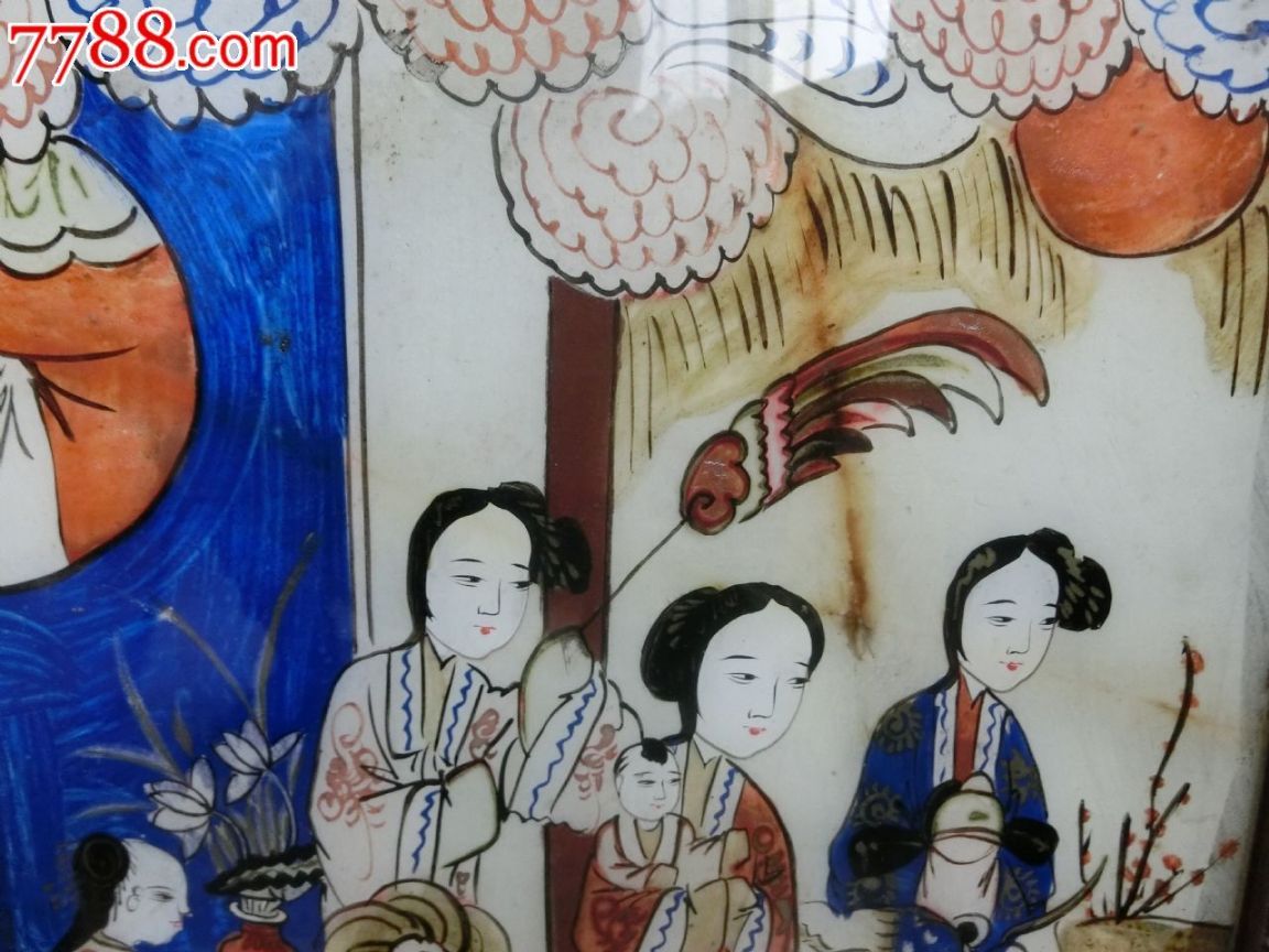 胶东民俗真品民国少女结婚嫁妆桌盘镜子玻璃画麒麟送子少见包老