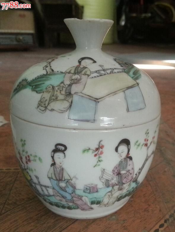 特价民国粉彩手绘人物仕女读书图盖碗糖缸江西程子厚作程和顺造包老