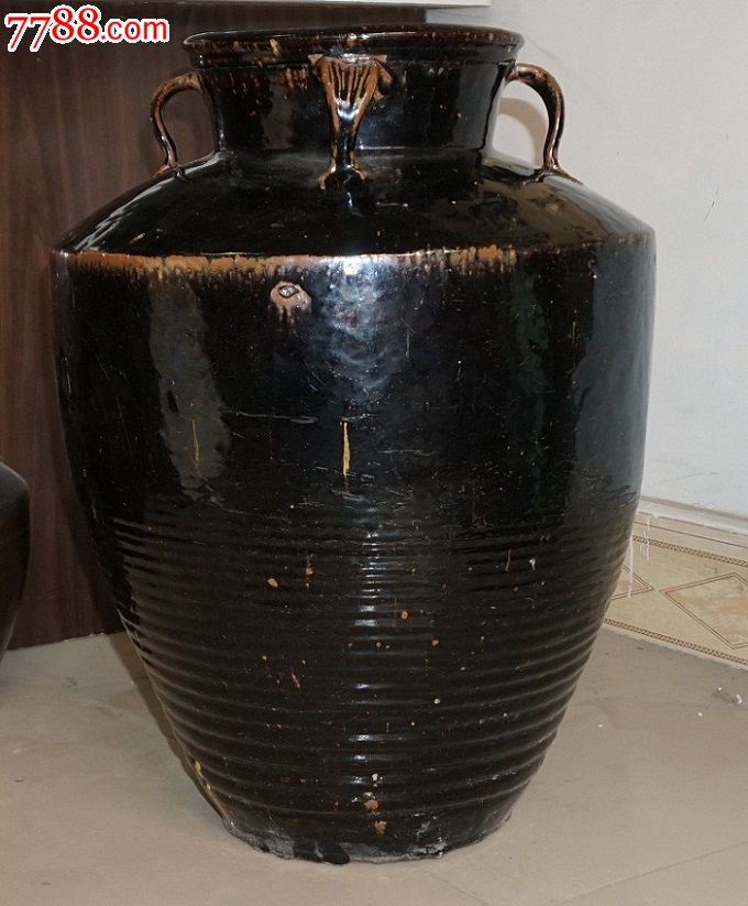 耀州老黑釉四系大缸一个!