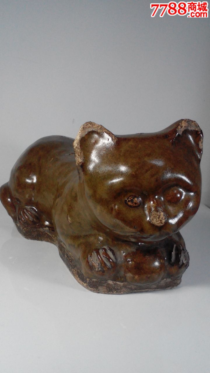 清茶叶沫釉猫型瓷枕猫形瓷枕
