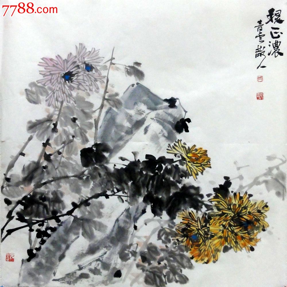 lp7508李建明四尺斗方写意花鸟手绘玄关装饰画作品菊花