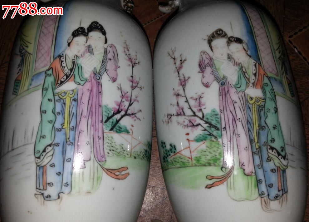 特价民国手绘粉彩人物二乔图花瓶一对包老瓷器标本刘坤和作包老稀少