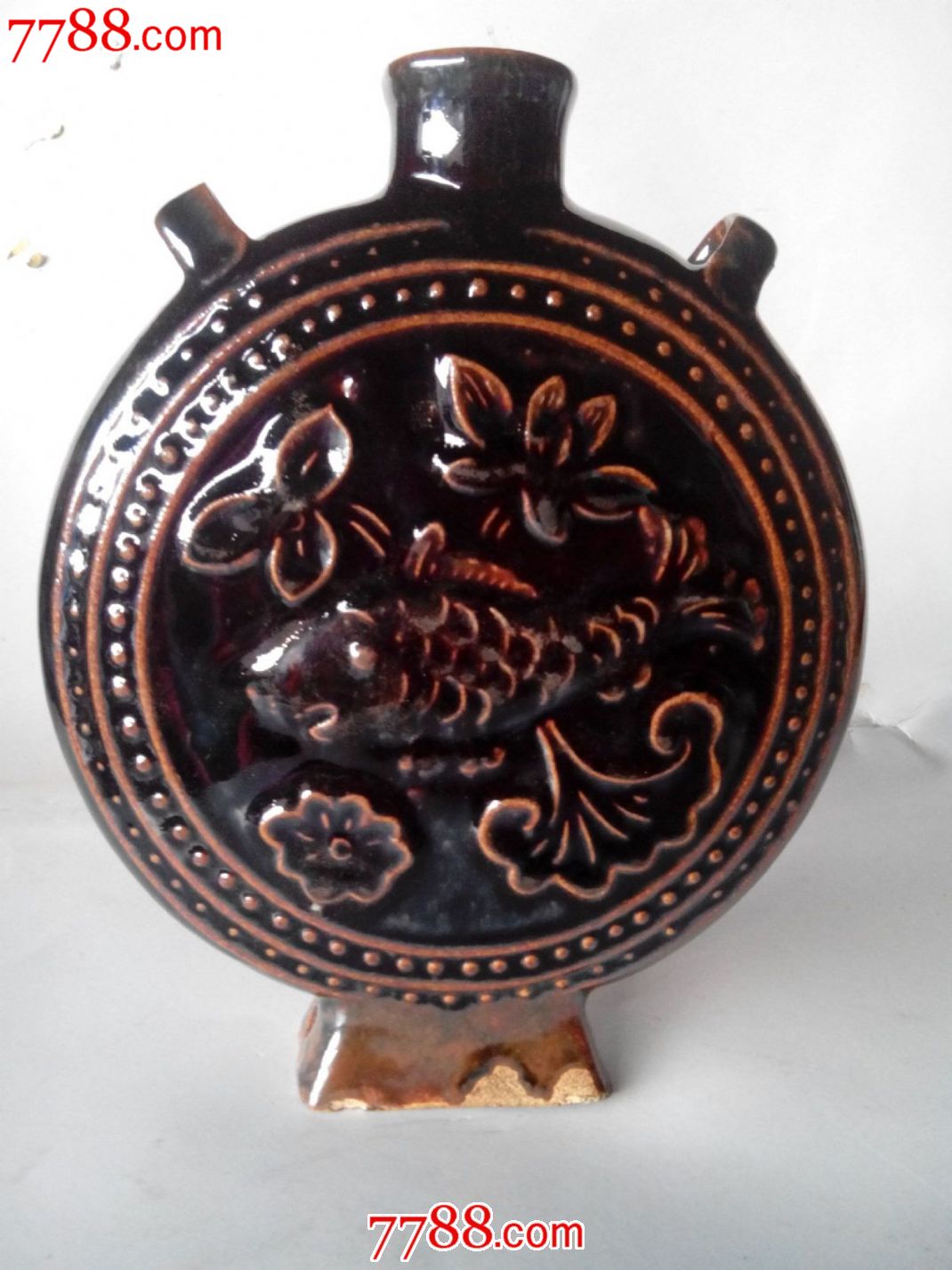 金代窑变釉,剔花双系扁壶,全品