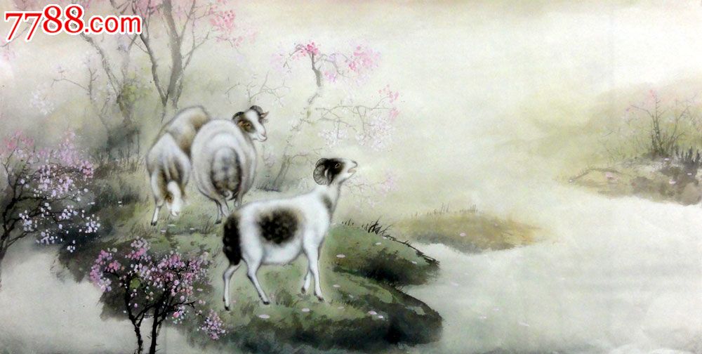 lp7616福生无款四尺全开手绘工笔走兽横幅吉祥装饰国画作品