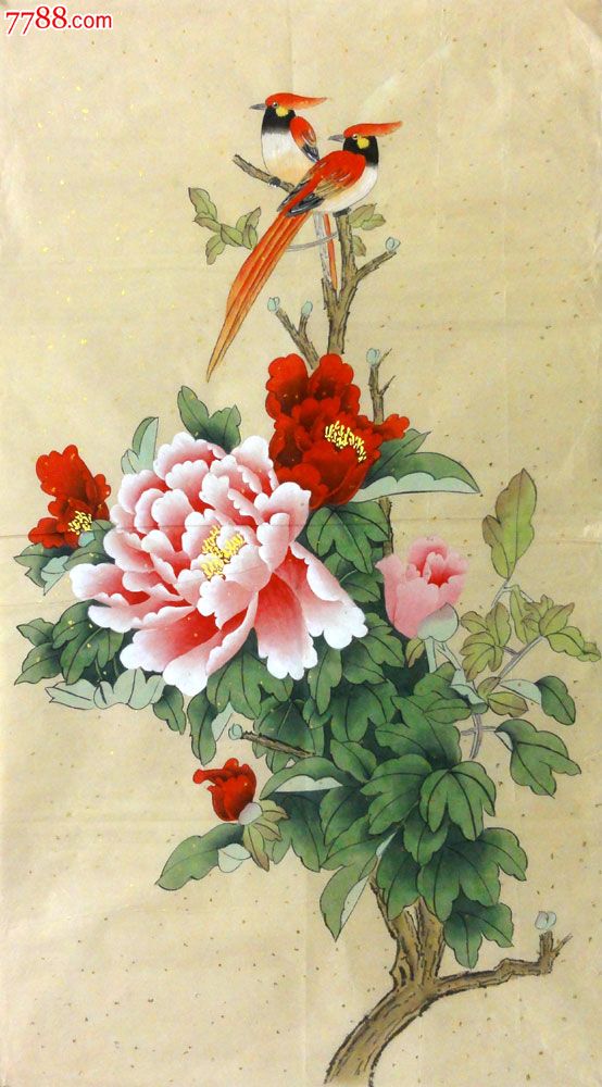 lp7632无款三尺全开手绘工笔花鸟吉祥吉利装饰竖幅国画作品