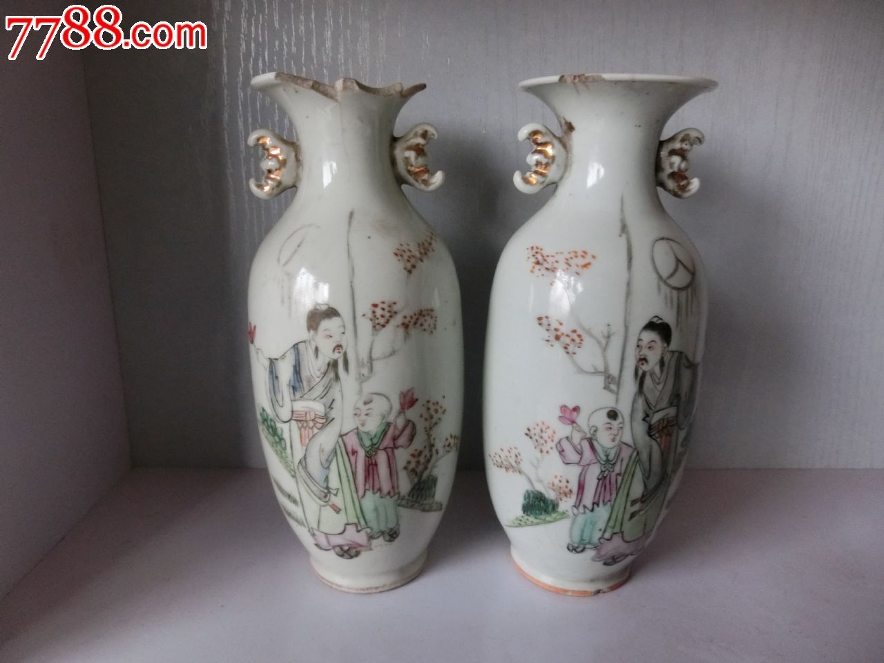 民国名家吉太祥手绘浅绛彩子孙满堂老花瓶一对瓷器摆件包老少见