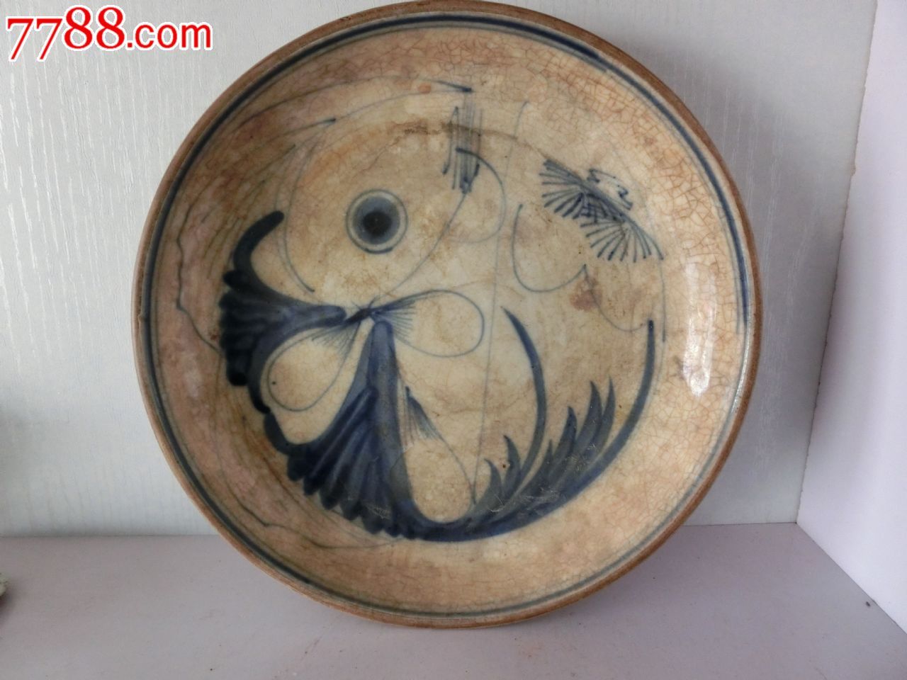 民国超大型福陶记出品人工手绘青花鱼盘子老瓷器一流包浆包老完整