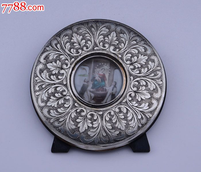 西洋古董老银器收藏品欧洲纯银圣母怀抱圣婴相框摆件全品相