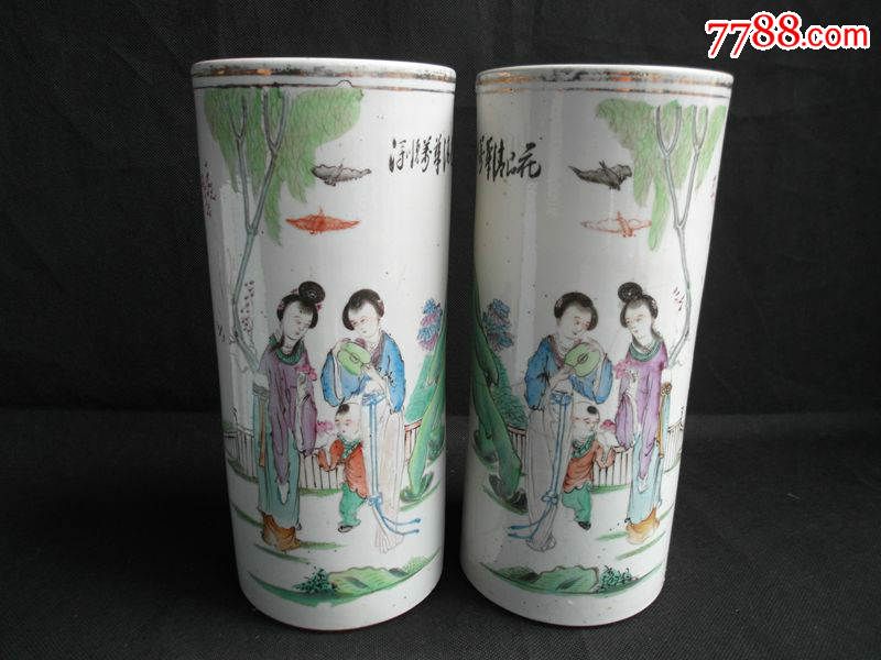 民国名家【徐万顺造】人物纹帽筒一对