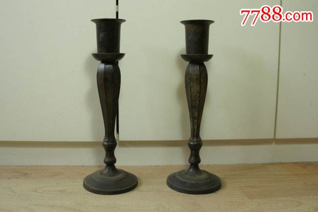 古董老货收藏铜质老烛台一对