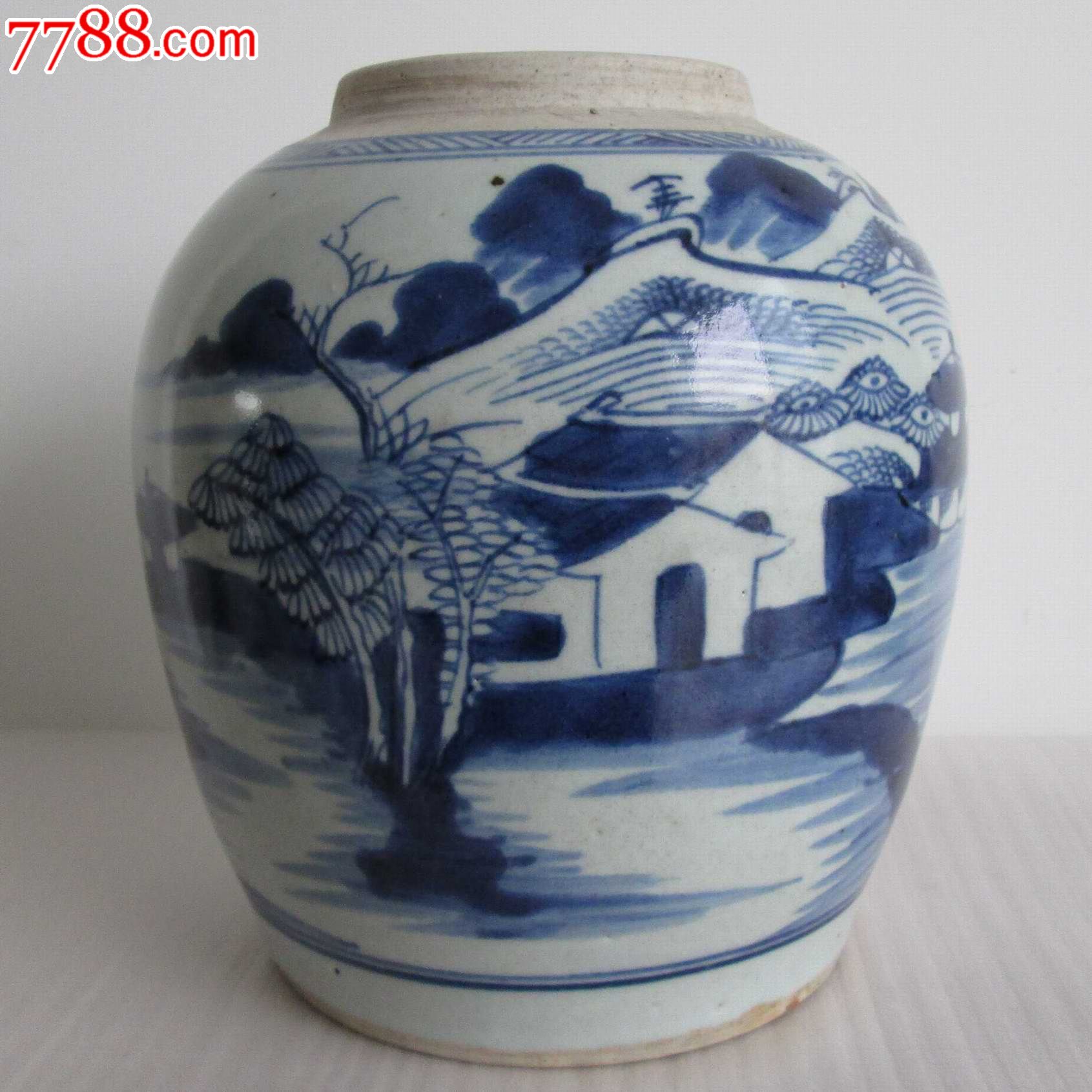 清代,清早中期,乾隆嘉庆青花山水罐,构图特别,全品