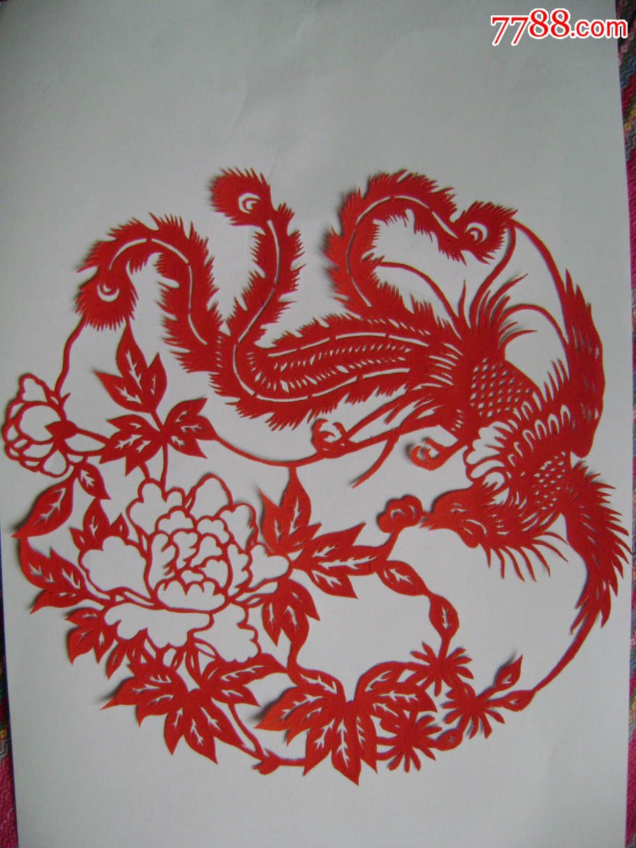 凤凰戏牡丹纯手工剪纸